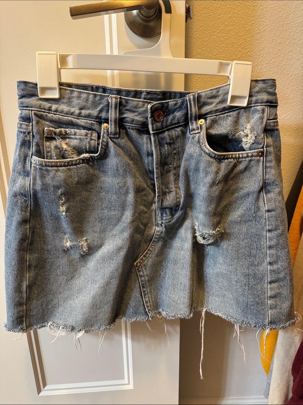 Denim Distressed Mini Skirt - Light Blue